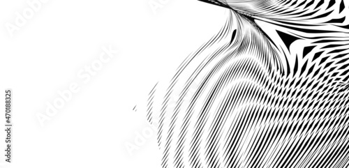 Monochrome moir abstract striped banner with deformation effect on white background. Modern backdrop saver for web design, business card, mobile apps, poster, banner, package.