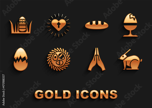 Set Easter egg in a wicker nest, Chicken on stand, rabbit, Hands praying position, Broken, Bread loaf, and Christian cross heart icon. Vector