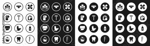 Set Crossed bandage plaster, Shaving razor, Toilet paper roll, Wet wipe pack, Bottles for cleaning agent, Underwear, of liquid antibacterial soap and Paper towel dispenser on wall icon. Vector