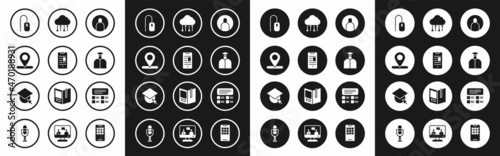 Set Create account screen, Online book on mobile, Location, Computer mouse, Student, Network cloud connection, quiz, test, survey and Graduation cap globe icon. Vector