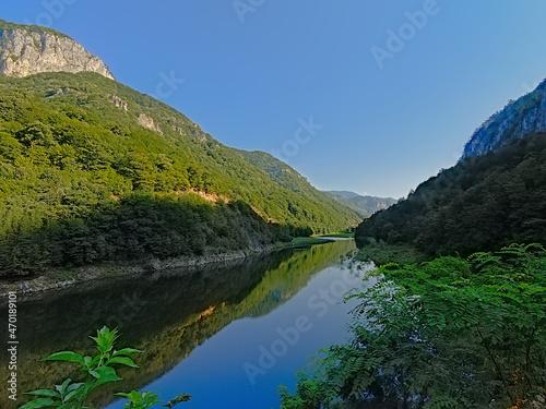 River Danube in between Romanian mountains in early morning light
