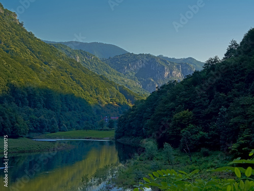River Danube in between Romanian mountains in early morning light