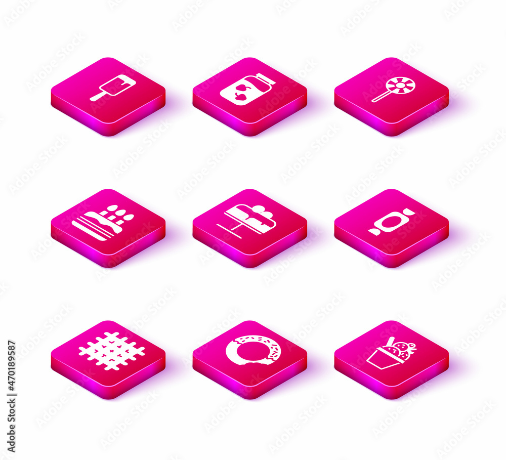 Set Cracker biscuit, Donut, Cake with burning candles, plate, Ice cream bowl, Candy, Lollipop and Strawberry jam jar icon. Vector Set Cracker biscuit, Donut, Cake with burning candles, plate, Ice cream bowl, Candy, Lollipop and Strawberry jam jar icon. Vector