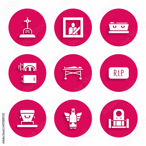 Set Dead body in the morgue, Christmas angel, Grave with tombstone, Speech bubble rip death, Coffin, Crematorium, dead and cross icon. Vector
