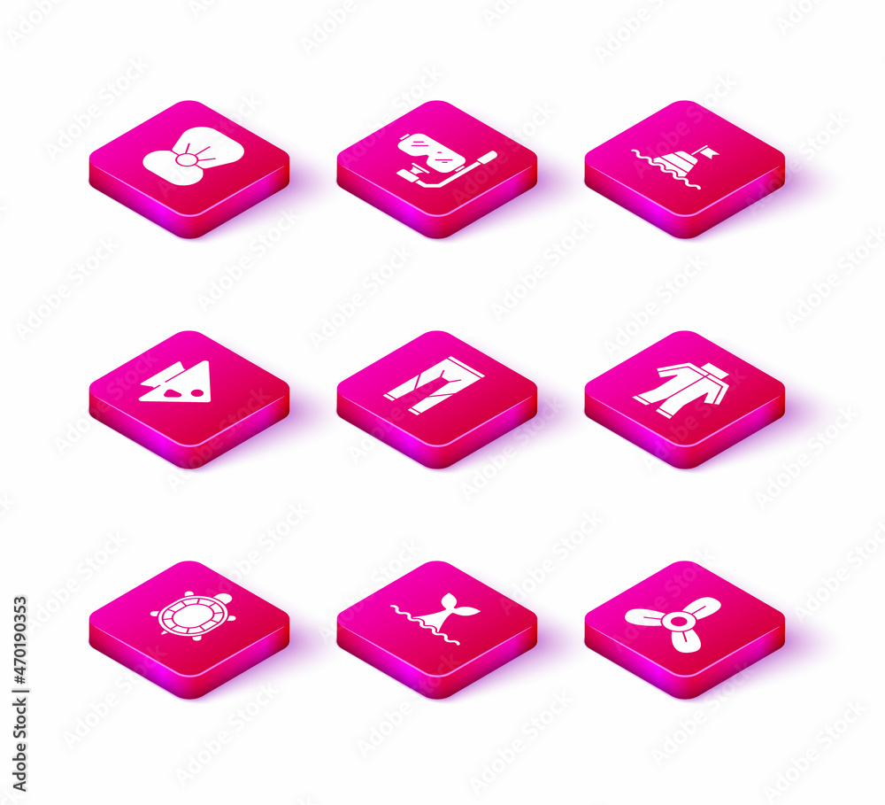 Set Turtle, Whale tail in ocean wave, Fish, Wetsuit, Boat propeller, turbine, Floating buoy on the sea and Diving mask and snorkel icon. Vector Set Turtle, Whale tail in ocean wave, Fish, Wetsuit, Boat propeller, turbine, Floating buoy on the sea and Diving mask and snorkel icon. Vector