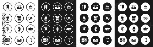 Set Cake, Sport track suit, Vitamin pill, Toothbrush and toothpaste, No meat, Bench with barbel, Teapot cup and doping syringe icon. Vector