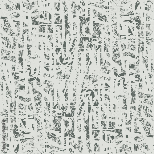 Abstract seamless pattern with silhouettes of Gothic letters and chaotic hand-drawn curlicues. Monochrome vector background in grunge style. Suitable for wallpaper, wrapping paper or fabric design
