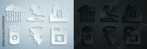 Set Tornado, Polar bear head, Barrel oil, Canister for gasoline, Cigarette and Cloud with rain icon. Vector