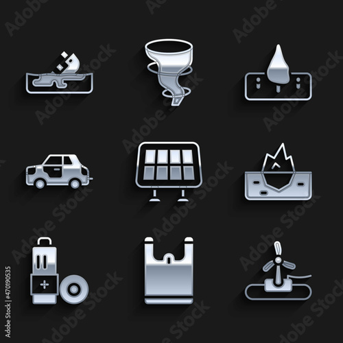 Set Solar energy panel, Plastic bag, Wind turbine, Iceberg, Battery, Car, Deforestation and Wrecked oil tanker ship icon. Vector