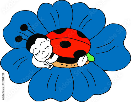 Little ladybug sleep peacefully on soft flower. Pillow and blanket for child. Template for logotype for healthy sleep. Flat vector illustration.