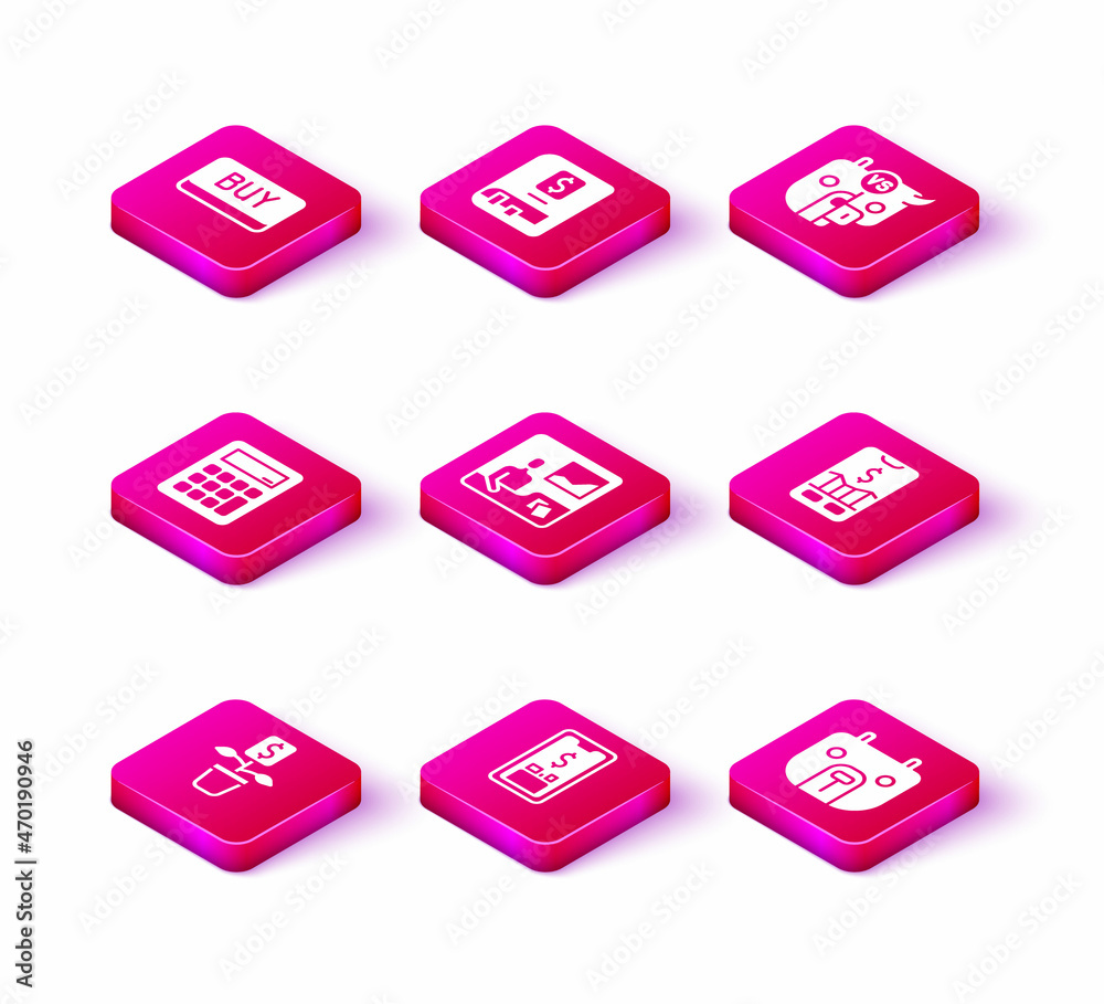 Set Dollar plant, Mobile with dollar, Calculator, Trading courses, Bear market, stock trading, Bull and bear of and Financial book icon. Vector Set Dollar plant, Mobile with dollar, Calculator, Trading courses, Bear market, stock trading, Bull and bear of and Financial book icon. Vector