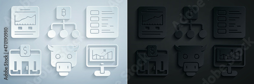 Set Bull market, Business finance report, Bank building, Computer with growth graph, Blockchain technology Bitcoin and Website icon. Vector