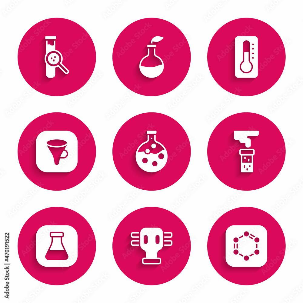 Set Test tube and flask, Gas mask, Formula of benzene rings, Funnel filter, Medical thermometer and icon. Vector Set Test tube and flask, Gas mask, Formula of benzene rings, Funnel filter, Medical thermometer and icon. Vector