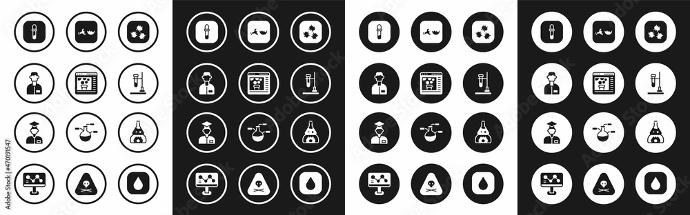 Set Bacteria, Chemical online, Laboratory assistant, Pipette, Test tube flask fire, Broken, and icon. Vector