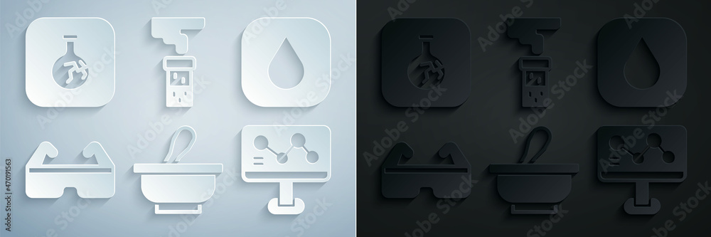 Set Mortar and pestle, Water drop, Safety goggle glasses, Chemical formula, Test tube flask and Cracked icon. Vector Set Mortar and pestle, Water drop, Safety goggle glasses, Chemical formula, Test tube flask and Cracked icon. Vector