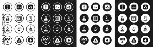 Set Bacteria, Chemical online, Laboratory assistant, Pipette, Test tube flask fire, Broken, and icon. Vector