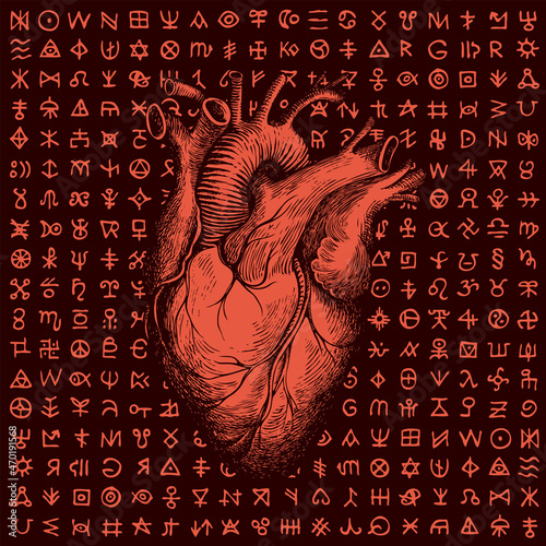 Vector banner with red human heart and magic runes on black background. Hand-drawn illustration of bloody heart and esoteric symbols on theme of alchemy and witchcraft. T-shirt design, tattoo, poster