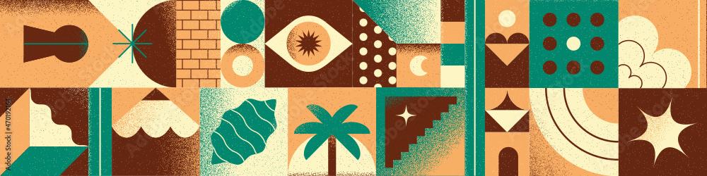Motif géométrique, abstrait, coloré et estival. Bannière amusante et dynamique pour LinkedIn. Jeu ou puzzle de formes graphiques.