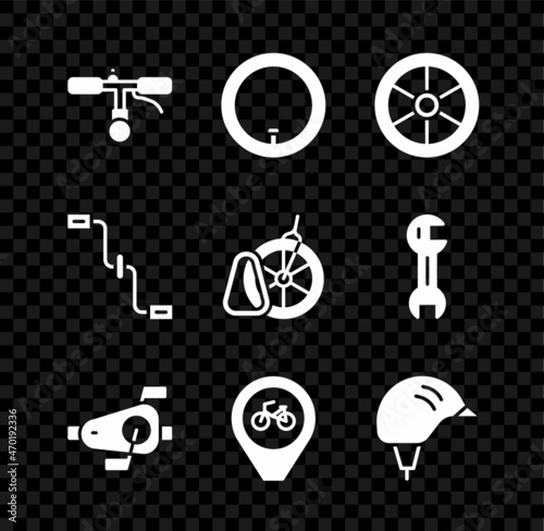 Set Bicycle handlebar, wheel, pedals, Location with bicycle, helmet, and parking icon. Vector