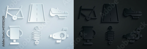 Set Bicycle suspension, shoes, Award cup with bicycle, pedals, lane and frame icon. Vector