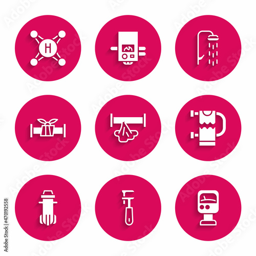 Set Broken pipe, Pipe adjustable wrench, Pressure water meter, Heated towel rail, Water filter, Industry metallic, Shower and tap icon. Vector