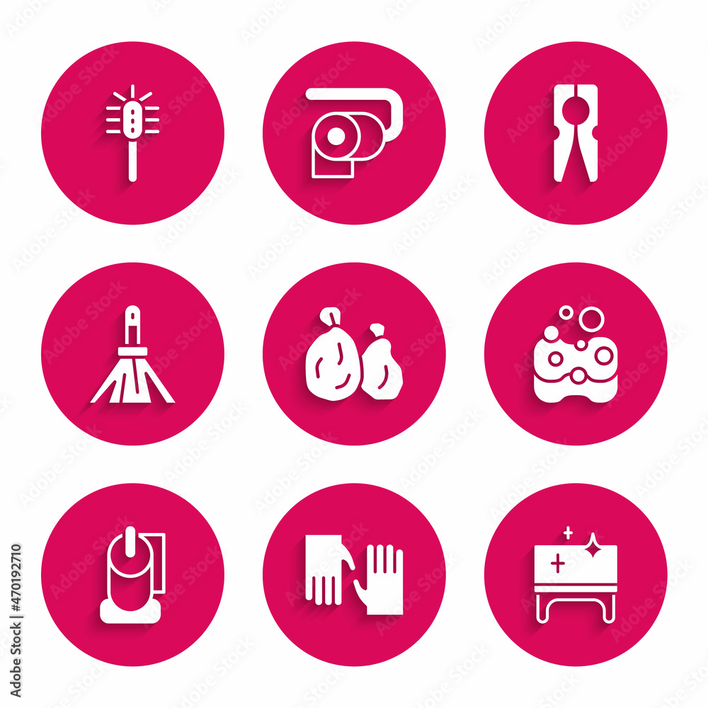 Set Garbage bag, Rubber gloves, Clean table, Sponge, Toilet paper roll, Handle broom, Clothes pin and brush icon. Vector Set Garbage bag, Rubber gloves, Clean table, Sponge, Toilet paper roll, Handle broom, Clothes pin and brush icon. Vector