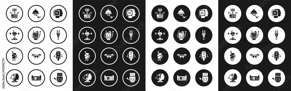 Set Humanoid robot, Broken, Disassembled, Robot, Electric plug, Waiter, and icon. Vector