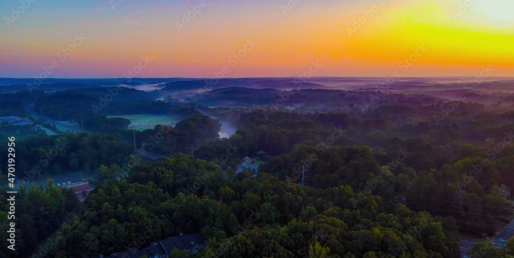 Morning fog over residential area and the Chattahoochee river