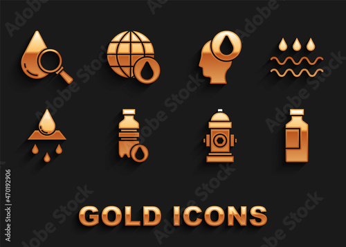 Set Bottle of water, Wave with drop, Fire hydrant, Recycle clean aqua, Water, Drop and magnifying glass and Earth planet icon. Vector