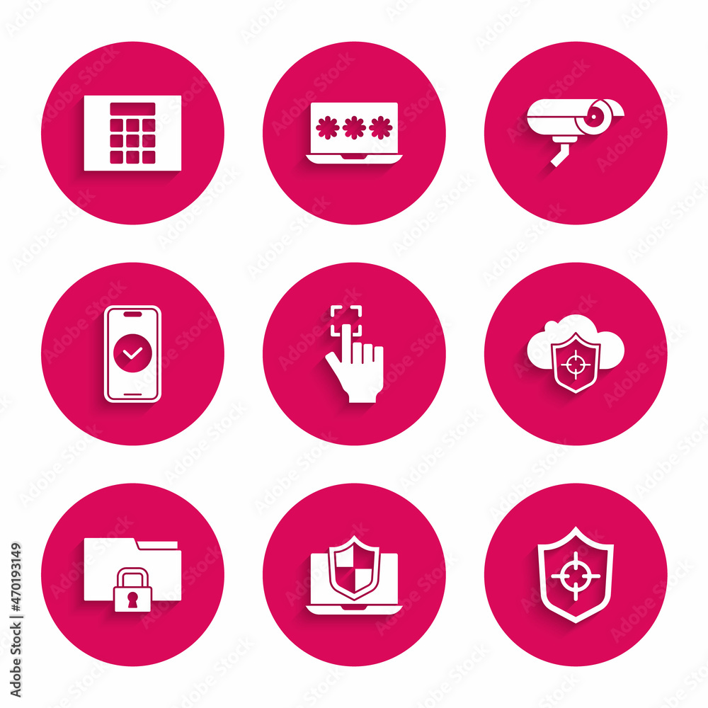 Set Fingerprint, Laptop protected with shield, Shield, Cloud and, Folder lock, Smartphone, Security camera and Password protection icon. Vector Set Fingerprint, Laptop protected with shield, Shield, Cloud and, Folder lock, Smartphone, Security camera and Password protection icon. Vector