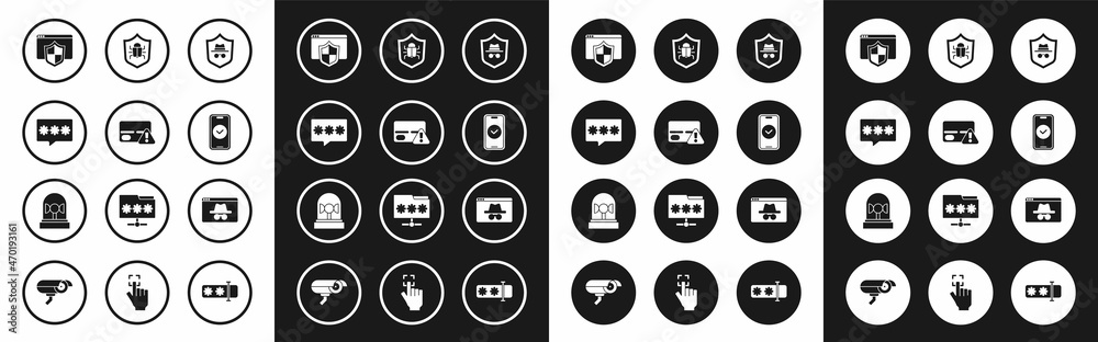 Set Incognito mode, Credit card, Password protection, Browser with shield, Smartphone, System bug, incognito window and Flasher siren icon. Vector Set Incognito mode, Credit card, Password protection, Browser with shield, Smartphone, System bug, incognito window and Flasher siren icon. Vector