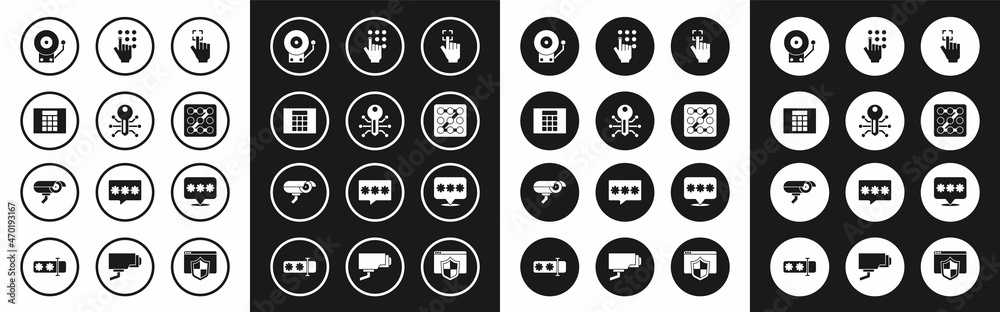 Set Fingerprint, Smart key, Password protection, Ringing alarm bell, Graphic password, and Security camera icon. Vector Set Fingerprint, Smart key, Password protection, Ringing alarm bell, Graphic password, and Security camera icon. Vector