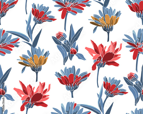 Floral seamless pattern vector, flower background. Repeating floral elements in close up. Red, orange flowers, buds with blue leaves isolated on a white.