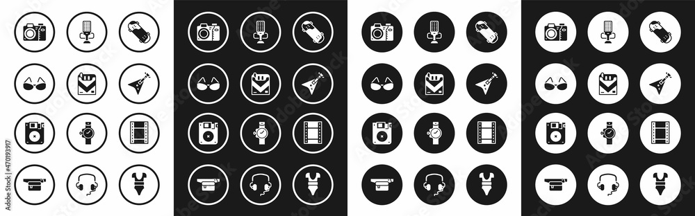 Set Skateboard trick, Cigarettes pack box, Glasses, Photo camera, Electric bass guitar, Microphone, Play Video and Floppy disk icon. Vector Set Skateboard trick, Cigarettes pack box, Glasses, Photo camera, Electric bass guitar, Microphone, Play Video and Floppy disk icon. Vector
