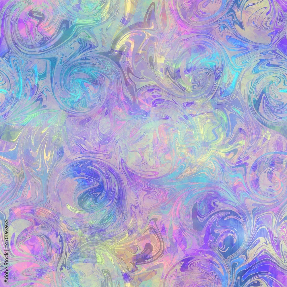 Fototapeta premium Seamless iridescent rainbow light pattern for print. High quality illustration. Swirly mix of pastel colors resembling holographic foil. Fantasy spectrum mermaid fantastical pattern for print.