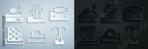 Set Ferris wheel, Jumping trampoline, Climbing wall, Street light, and Sandbox with sand icon. Vector