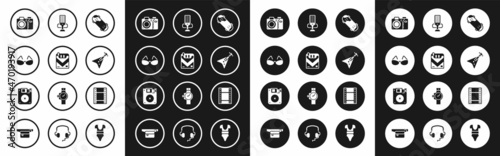 Set Skateboard trick, Cigarettes pack box, Glasses, Photo camera, Electric bass guitar, Microphone, Play Video and Floppy disk icon. Vector
