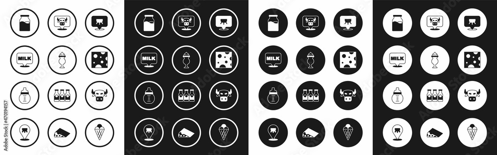 Set Udder, Milkshake, Lettering milk, Bottle with, Cheese, Cow head, and Baby bottle icon. Vector