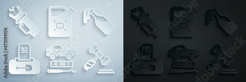 Set Car theft, Cocktail molotov, Grave with tombstone, Judge gavel, Canister fuel and Police electric shocker icon. Vector