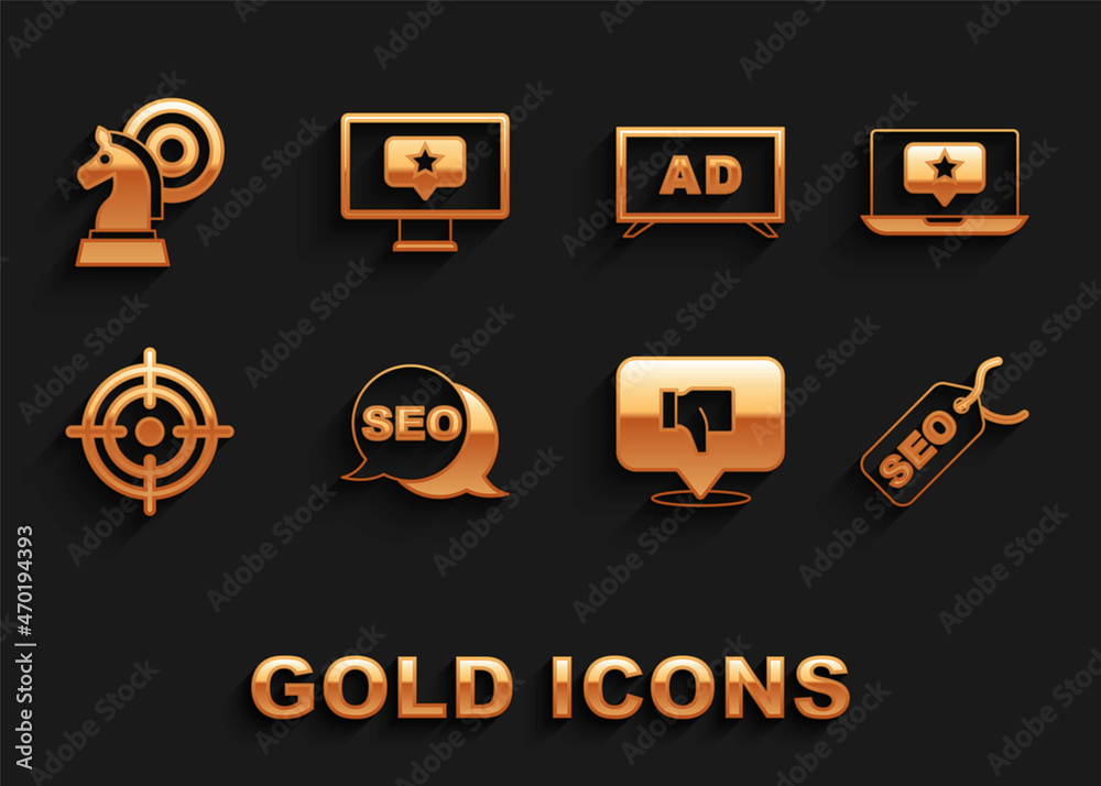 Set SEO optimization, Laptop with star, Dislike in speech bubble, Target, Advertising, Chess and Monitor icon. Vector
