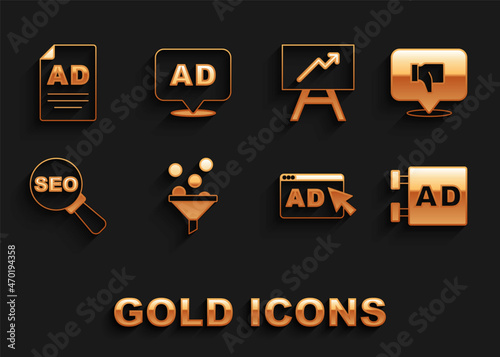 Set Lead management, Dislike in speech bubble, Advertising, SEO optimization, Board with graph chart, and icon. Vector