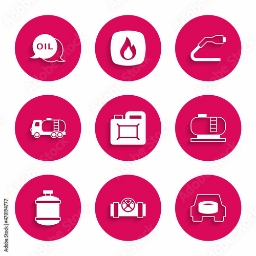 Set Canister for motor oil, Metallic pipes and valve, Spare wheel in the car, Oil tank storage, Propane gas, Tanker truck, Electrical cable plug charging and Word icon. Vector