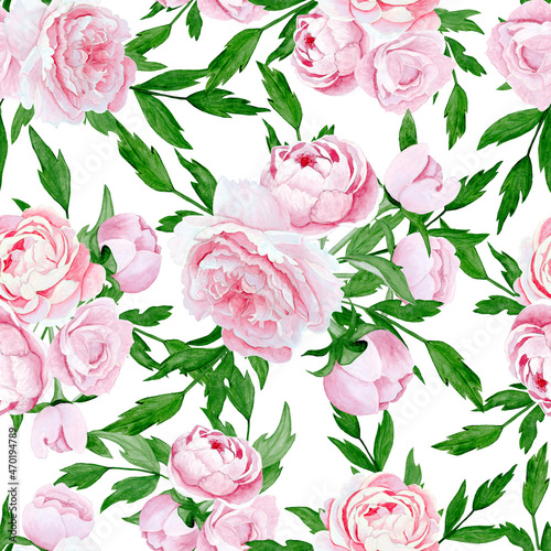 Seamless pattern. Watercolour hand drawn bouquet of peonies, white background.