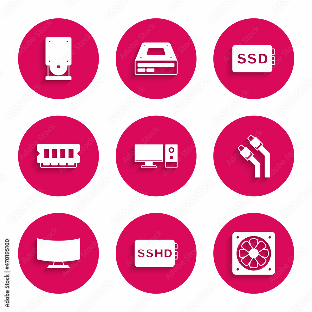 Set Computer monitor, SSHD card, cooler, LAN cable network internet, screen, RAM, random access memory, SSD and Optical disc drive icon. Vector Set Computer monitor, SSHD card, cooler, LAN cable network internet, screen, RAM, random access memory, SSD and Optical disc drive icon. Vector
