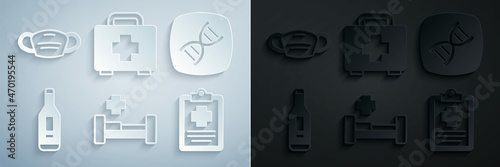 Set Hospital bed, DNA symbol, Digital thermometer, Patient record, First aid kit and Medical protective mask icon. Vector