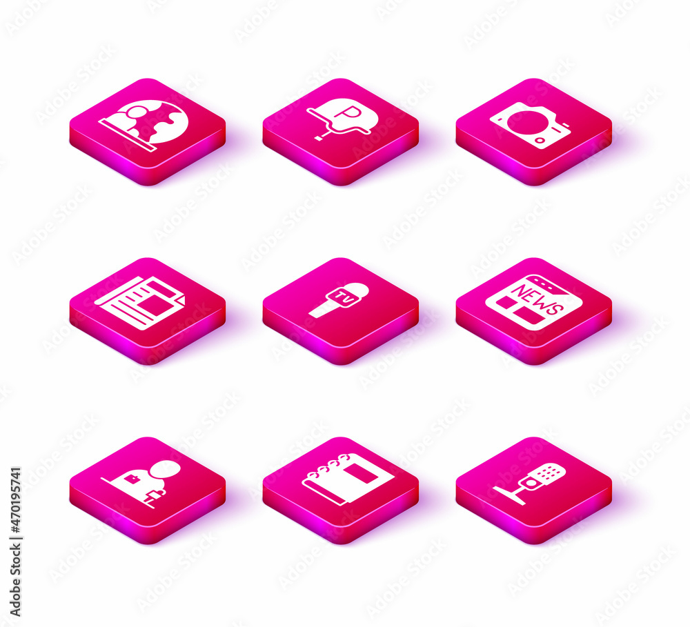 Set Journalist news, Notebook, News, Microphone, Photo camera and War journalist icon. Vector Set Journalist news, Notebook, News, Microphone, Photo camera and War journalist icon. Vector