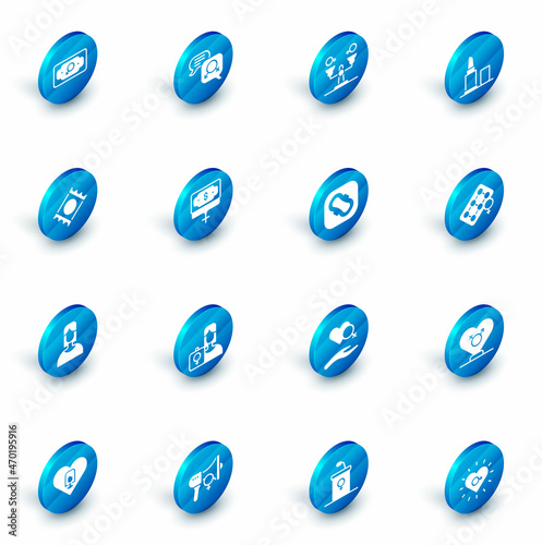 Set Gender equality, Lipstick, Condom in package, Female, Money growth woman, Packaging of birth control pills and Sanitary napkin icon. Vector