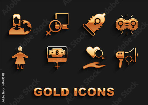 Set Money growth woman, Gender equality, Feminist activist, Heart with female gender, Female, Condom, Women from different countries and Book about women icon. Vector