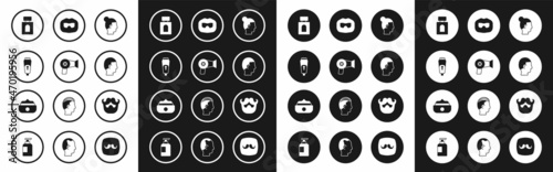 Set Hairstyle for men, dryer, Electric razor blade, Aftershave, Mustache and beard, and Gel wax hair styling icon. Vector