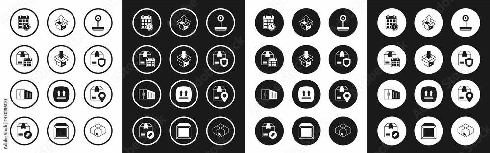 Set Scale, Carton cardboard box, Cardboard with calendar, Delivery security shield, Unboxing, Location and Container icon. Vector Set Scale, Carton cardboard box, Cardboard with calendar, Delivery security shield, Unboxing, Location and Container icon. Vector